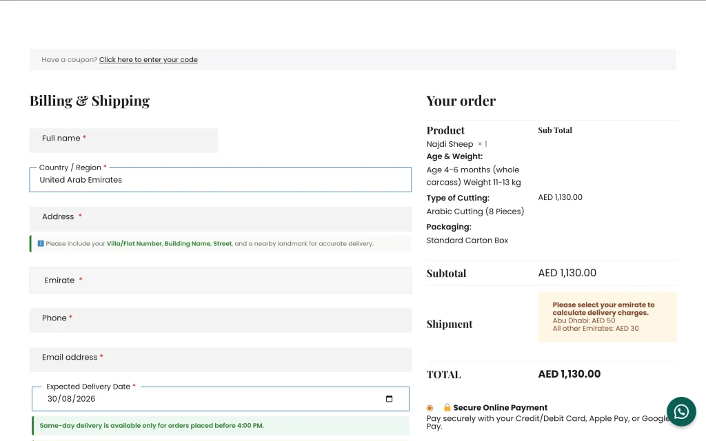 WooCommerce checkout with delivery options for UAE customers