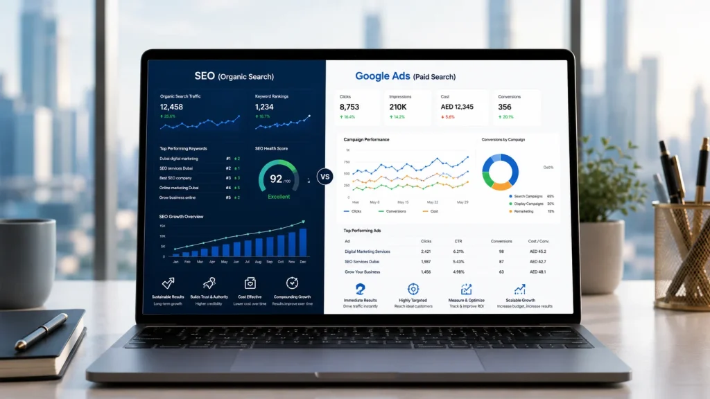 SEO vs Google Ads comparison for businesses in Dubai